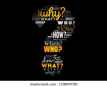 Question mark - Questions whose answers are considered basic in information gathering or problem solving, word cloud background