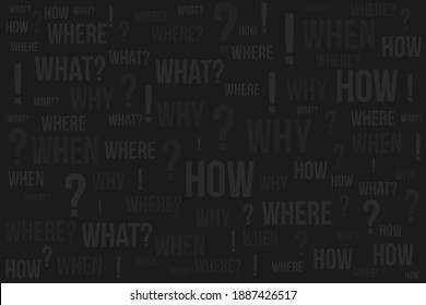 Question mark - Questions whose answers are considered basic in information gathering or problem solving, word cloud background.