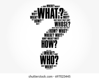 Question mark - Questions whose answers are considered basic in information gathering or problem solving, word cloud background