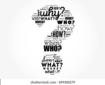 Question mark - Questions whose answers are considered basic in information gathering or problem solving, word cloud background