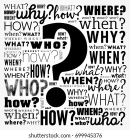 Question mark - Questions whose answers are considered basic in information gathering or problem solving, word cloud background