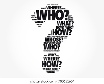 Question mark - Questions whose answers are considered basic in information gathering or problem solving, word cloud background