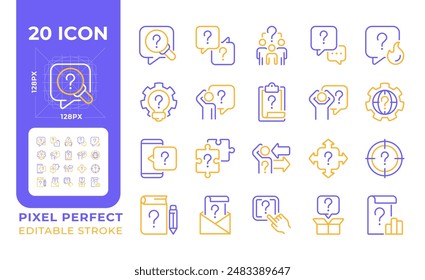 Question mark related two color line icons set. Asking questions bicolor outline iconset isolated. Chat bubbles. Communication confusion. Duotone pictograms thin linear. Editable stroke
