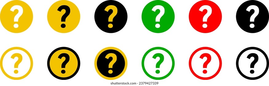 Question Mark Round Circle Badge Button Warning Problem Support or Help Icon Set. Vector Image.