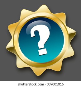 Question mark seal or icon with crown symbol. Glossy golden seal or button with stars and turquoise color.