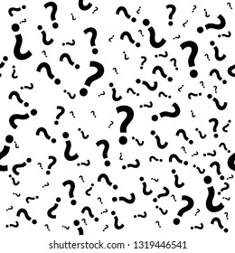 Question mark seamless pattern. Monochrome poster design template, random black punctuation marks background, loading page, vector illustration