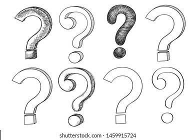 Question mark set. Hand drawn sketch. Vector illustration isolated on white background
