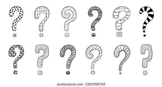 Question mark set hand drawn in doodle style, vector illustration. Icon question symbol for print and design. Quiz and Exam concept, isolated elements on white background. Graphic sign ask and fqa