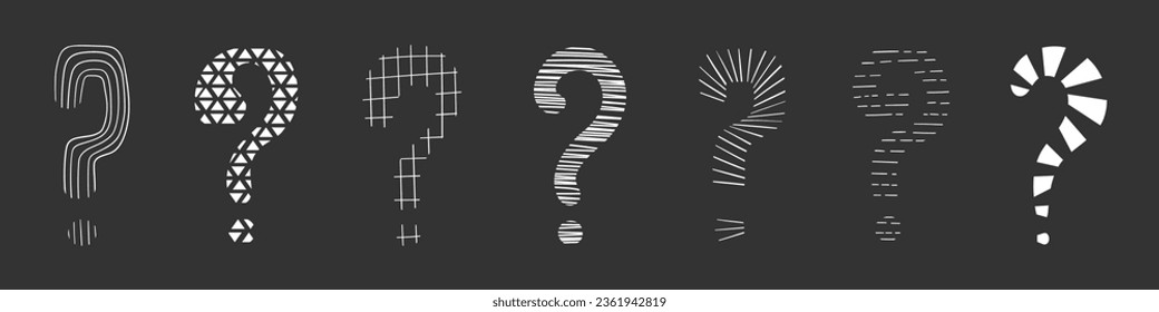 Question mark set hand drawn in doodle style, vector illustration. Texture icons for print and design. Quiz and Exam concept, isolated elements on a chalk board background