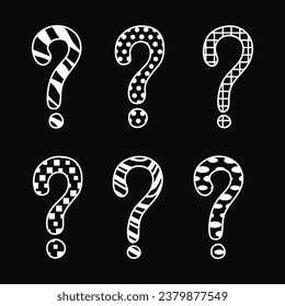 Question mark set. Hand drawn question symbol collection in doodle style. Concept of quiz and exam. Question marks isolated on black background. Punctuation marks vector illustration