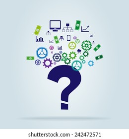 Question mark shape with gear wheels and business icons