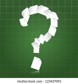 Question mark shaped stream of paperwork over green blueprint background