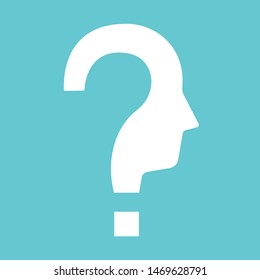 Question mark shaped white head silhouette on turquoise blue background. Confusion, problem, education and decision concept. Flat design. EPS 8 vector illustration, no transparency, no gradients