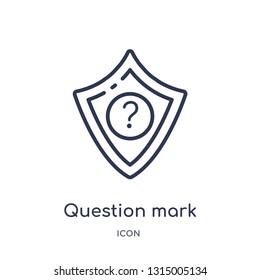question mark in a shield icon from security outline collection. Thin line question mark in a shield icon isolated on white background.
