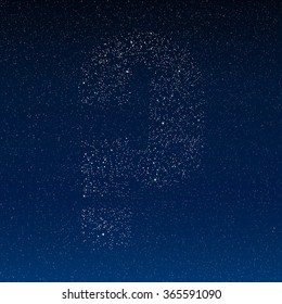 Question mark with shiny stars, glitters, dots, points dark blue night sky. Numbers for party, birthday, anniversary or festive. Figure shining font, type, typeset of sparkles. Vector template.