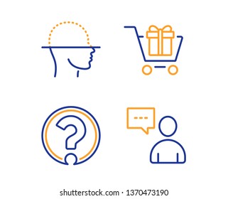Question mark, Shopping cart and Face scanning icons simple set. Users chat sign. Ask support, Gift box, Faces detection. Communication concept. Business set. Linear question mark icon. Vector