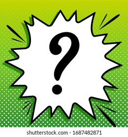  Signo del signo de interrogación. Icono negro sobre la parte blanca Splash en fondo verde con puntos blancos.  Ilustración.