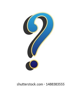 Question mark sign. Blue icon with gold contour with dark gray shadow at white background. Illustration.