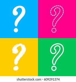Question mark sign. Four styles of icon on four color squares.