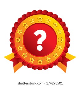 Question mark sign icon. Help symbol. FAQ sign. Red award label with stars and ribbons. Vector
