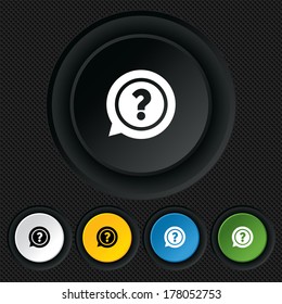 Question mark sign icon. Help speech bubble symbol. FAQ sign. Round colourful buttons on black texture. Vector