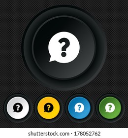 Question mark sign icon. Help speech bubble symbol. FAQ sign. Round colourful buttons on black texture. Vector