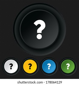 Question mark sign icon. Help symbol. FAQ sign. Round colourful buttons on black texture. Vector
