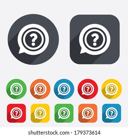 Question mark sign icon. Help speech bubble symbol. FAQ sign. Circles and rounded squares 12 buttons. Vector