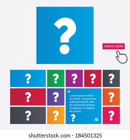 Question mark sign icon. Help symbol. FAQ sign. Metro style buttons. Modern interface website buttons with hand cursor pointer. Vector