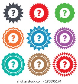 Question mark sign icon. Help speech bubble symbol. FAQ sign. Stars stickers. Certificate emblem labels. Vector