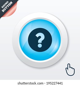 Question mark sign icon. Help symbol. FAQ sign. Blue shiny button. Modern UI website button with hand cursor pointer. Vector