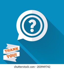 Question mark sign icon. Help speech bubble symbol. FAQ sign. White flat icon with long shadow. Paper ribbon label with Thank you text. Vector