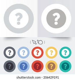 Question mark sign icon. Help symbol. FAQ sign. Round 12 circle buttons. Shadow. Hand cursor pointer. Vector