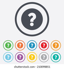 Question mark sign icon. Help symbol. FAQ sign. Round circle buttons with frame. Vector