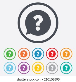 Question mark sign icon. Help speech bubble symbol. FAQ sign. Round circle buttons with frame. Vector