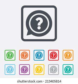 Question mark sign icon. Help speech bubble symbol. FAQ sign. Round squares buttons with frame. Vector