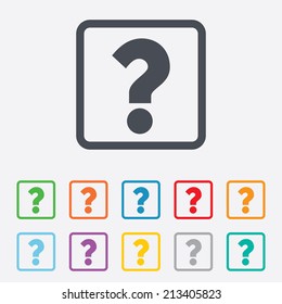 Question mark sign icon. Help symbol. FAQ sign. Round squares buttons with frame. Vector