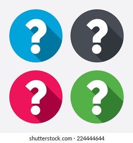 Question mark sign icon. Help symbol. FAQ sign. Circle buttons with long shadow. 4 icons set. Vector