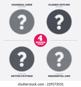Question mark sign icon. Help symbol. FAQ sign. Diagonal and horizontal lines, classic outline, dotted texture. Pattern design icons.  Vector