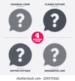 Question mark sign icon. Help speech bubble symbol. FAQ sign. Diagonal and horizontal lines, classic outline, dotted texture. Pattern design icons.  Vector