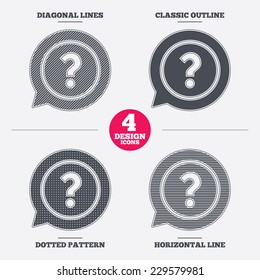 Question mark sign icon. Help speech bubble symbol. FAQ sign. Diagonal and horizontal lines, classic outline, dotted texture. Pattern design icons.  Vector