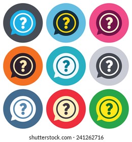 Question mark sign icon. Help speech bubble symbol. FAQ sign. Colored round buttons. Flat design circle icons set. Vector