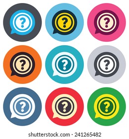 Question mark sign icon. Help speech bubble symbol. FAQ sign. Colored round buttons. Flat design circle icons set. Vector