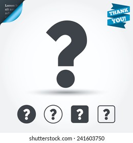 Question mark sign icon. Help symbol. FAQ sign. Circle and square buttons. Flat design set. Thank you ribbon. Vector