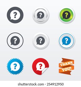 Question mark sign icon. Help speech bubble symbol. FAQ sign. Circle concept buttons. Metal edging. Star and label sticker. Vector
