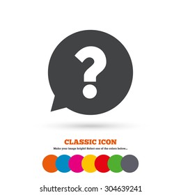 Question mark sign icon. Help speech bubble symbol. FAQ sign. Classic flat icon. Colored circles. Vector