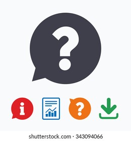 Question mark sign icon. Help speech bubble symbol. FAQ sign. Information think bubble, question mark, download and report.