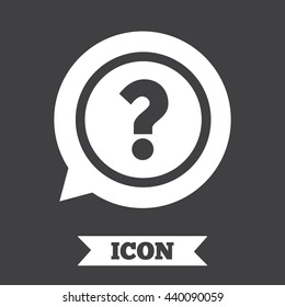 Question mark sign icon. Help speech bubble symbol. FAQ sign. Graphic design element. Flat question mark symbol on dark background. Vector