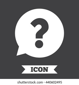 Question mark sign icon. Help speech bubble symbol. FAQ sign. Graphic design element. Flat question mark symbol on dark background. Vector
