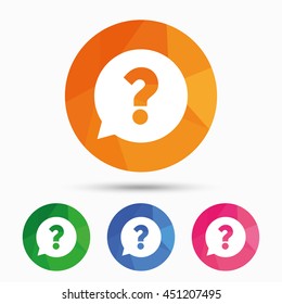 Question mark sign icon. Help speech bubble symbol. FAQ sign. Triangular low poly button with flat icon. Vector